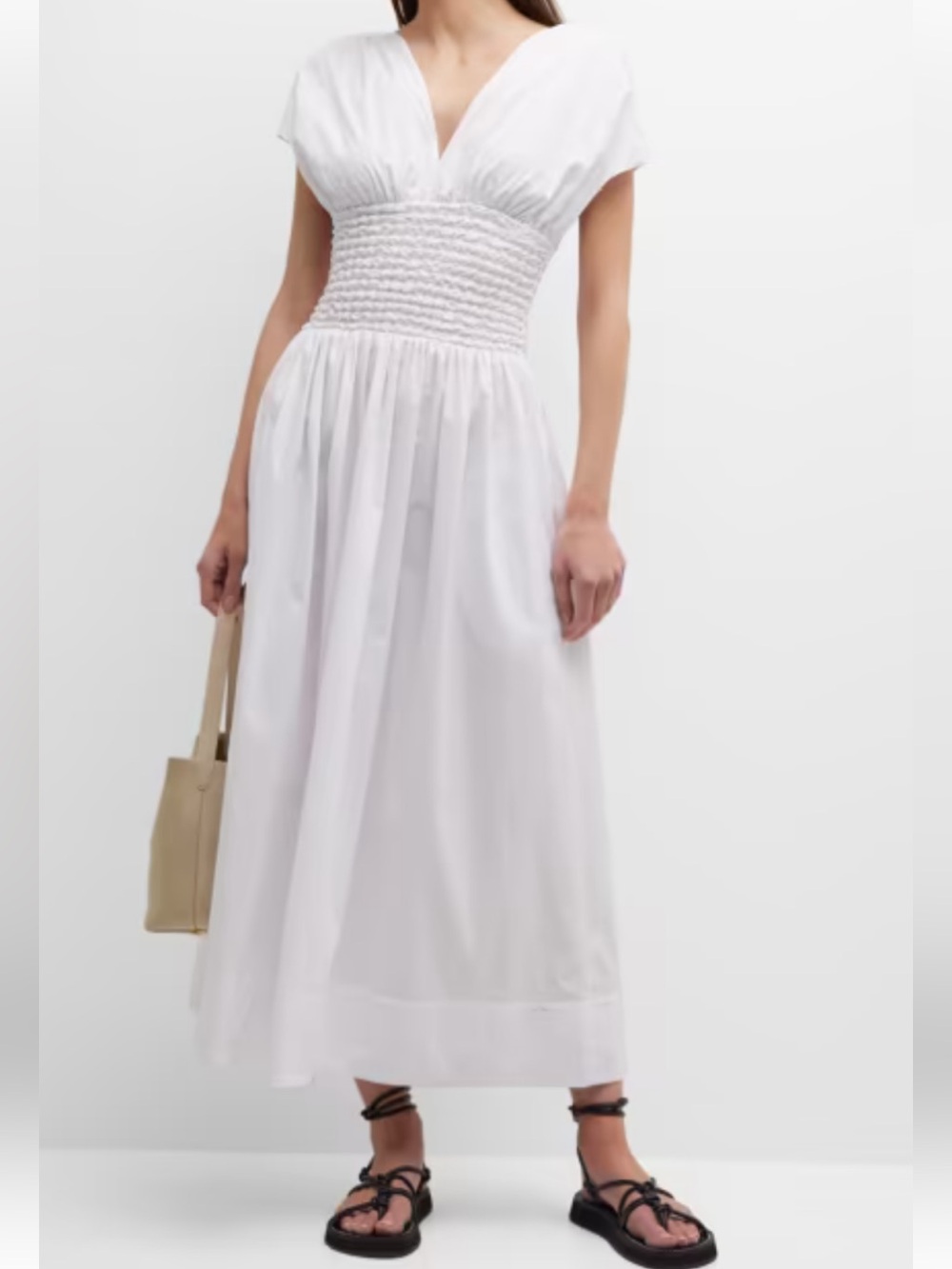 STAUD White Smocked-Waist Midi Skirt
